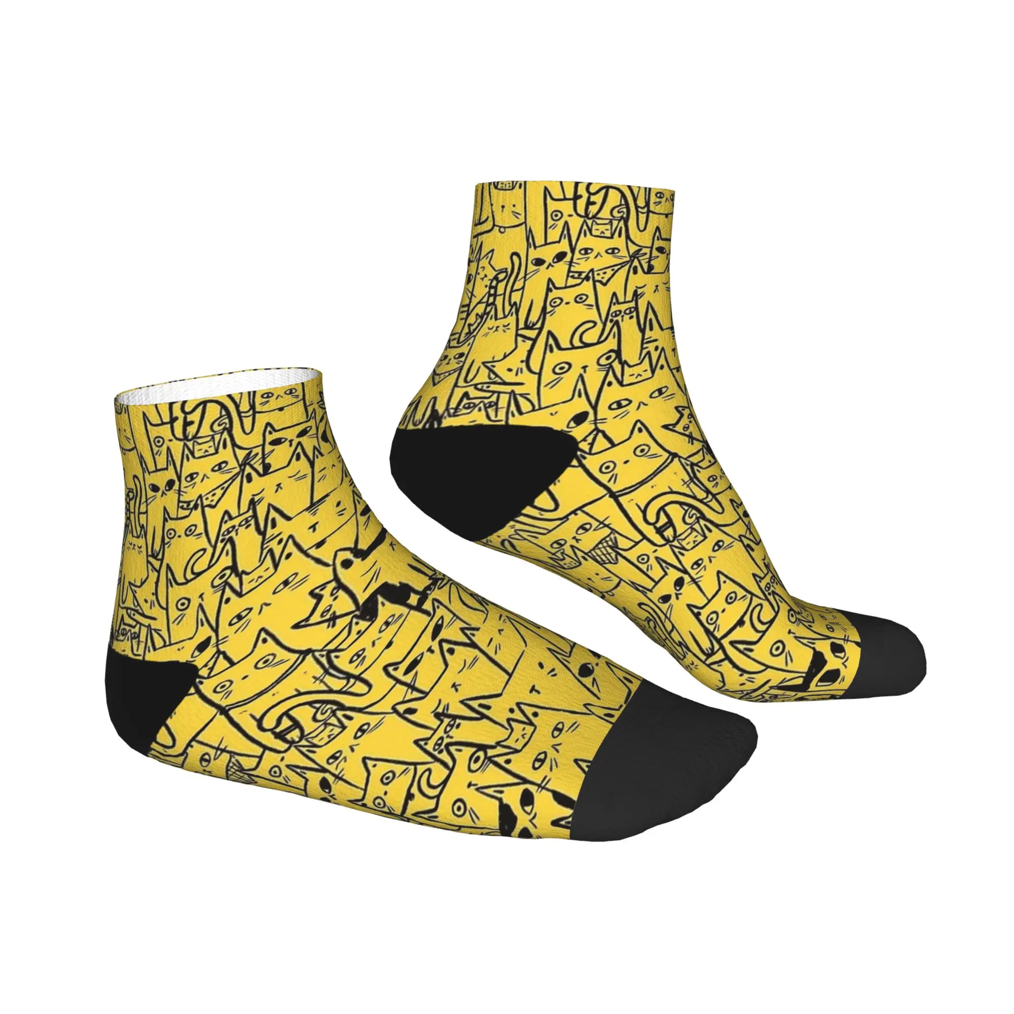 الأسود والأصفر مضحك القط الجوارب القوطية الكاحل الجوارب الصيف المضادة للانزلاق الرجال لينة تنفس الرسم الرياضة في الهواء الطلق جورب غير رسمي