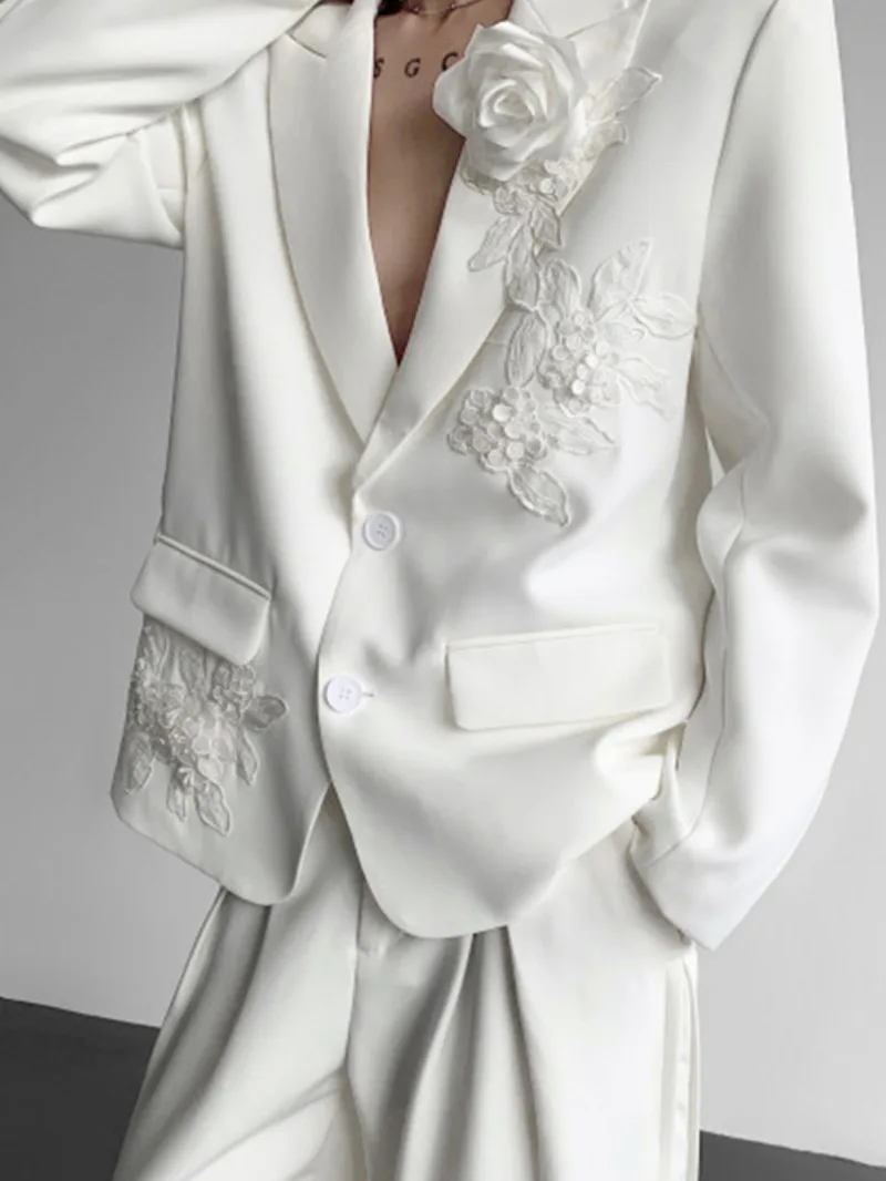 Niche Design Men's Suit Jackets Lapel Three-dimensional Flower Embroidery Solid Color Single Breasted Male Blazers 9X6YRZ