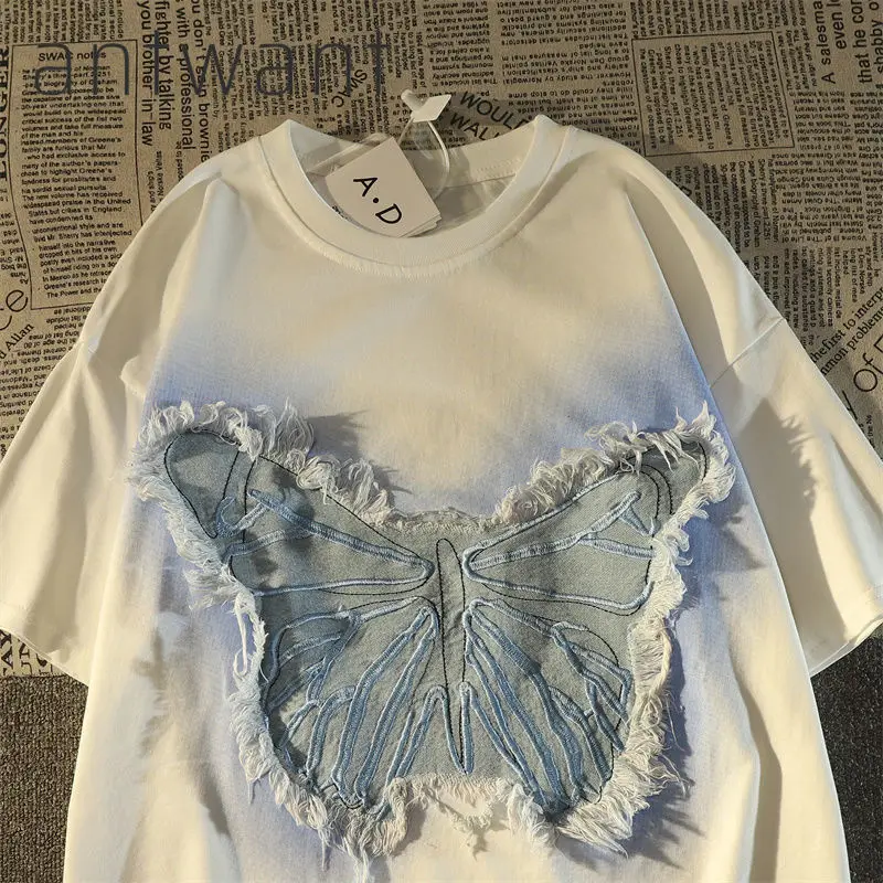 100% Cotton American Retro High Street Patch Butterfly Short-Sleeved T-shirt Women's Loose Fashion Brand Korean Style Top