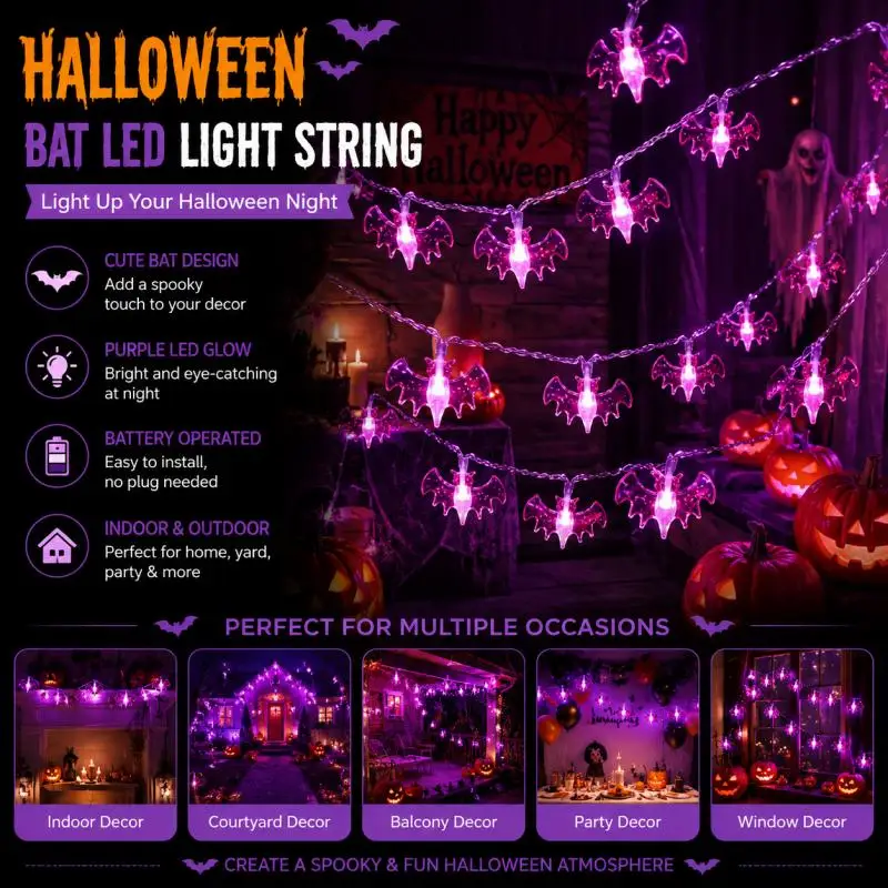 Creative Bat Fairy Light String Battery Powered Hanging Decorative Lamp for Bedroom Living Room Garden Patio Party Decoration