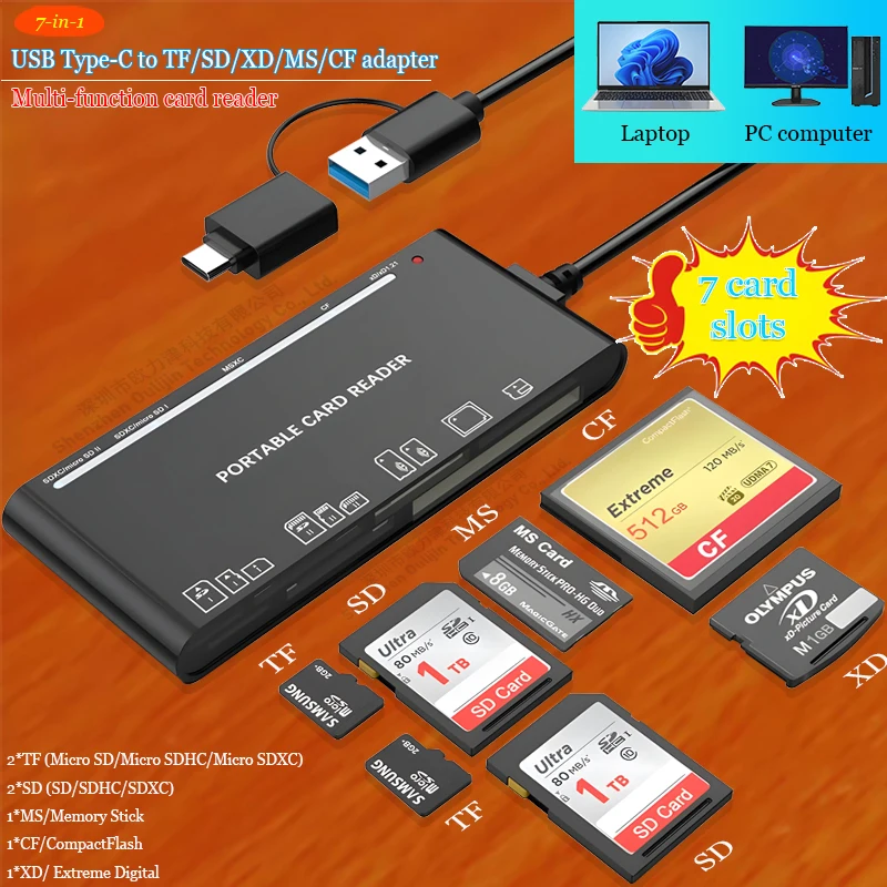 Multi Slot Card Reader for SD TF MS XD CF,7-in-1 USB-A/C 3.0 to Dual SD,Dual Micro-SD,Memory Stick,CompactFlash,XD-picture Slot