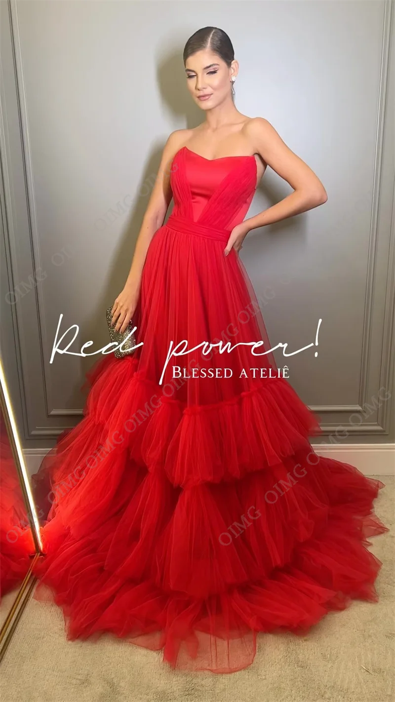 OIMG Red Long A Line Custom Size Formal Prom Dresses Sleeveless Tiered Tulle Women Long Evening Gowns Night Vestidos Party