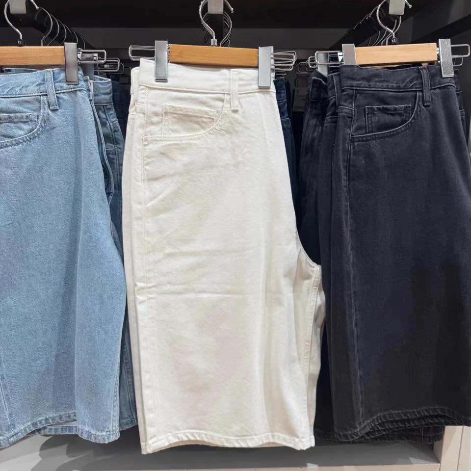 

Casual Loose Straight Leg Jeans High Waist Zipper Fly Women's Spring Summer New Style Blue Denim Shorts 484209