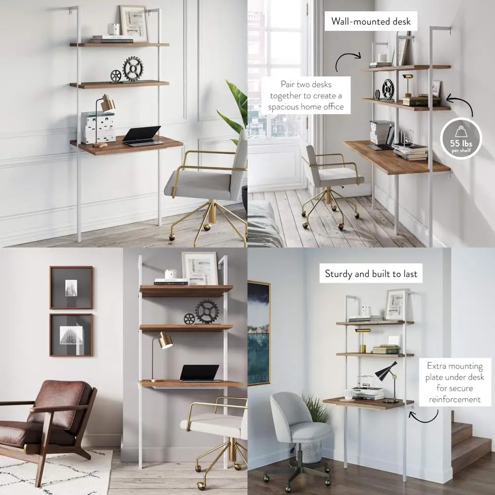 

Industrial Wall-Mounted Ladder Desk with Two Shelves, Rustic Oak and White Finish