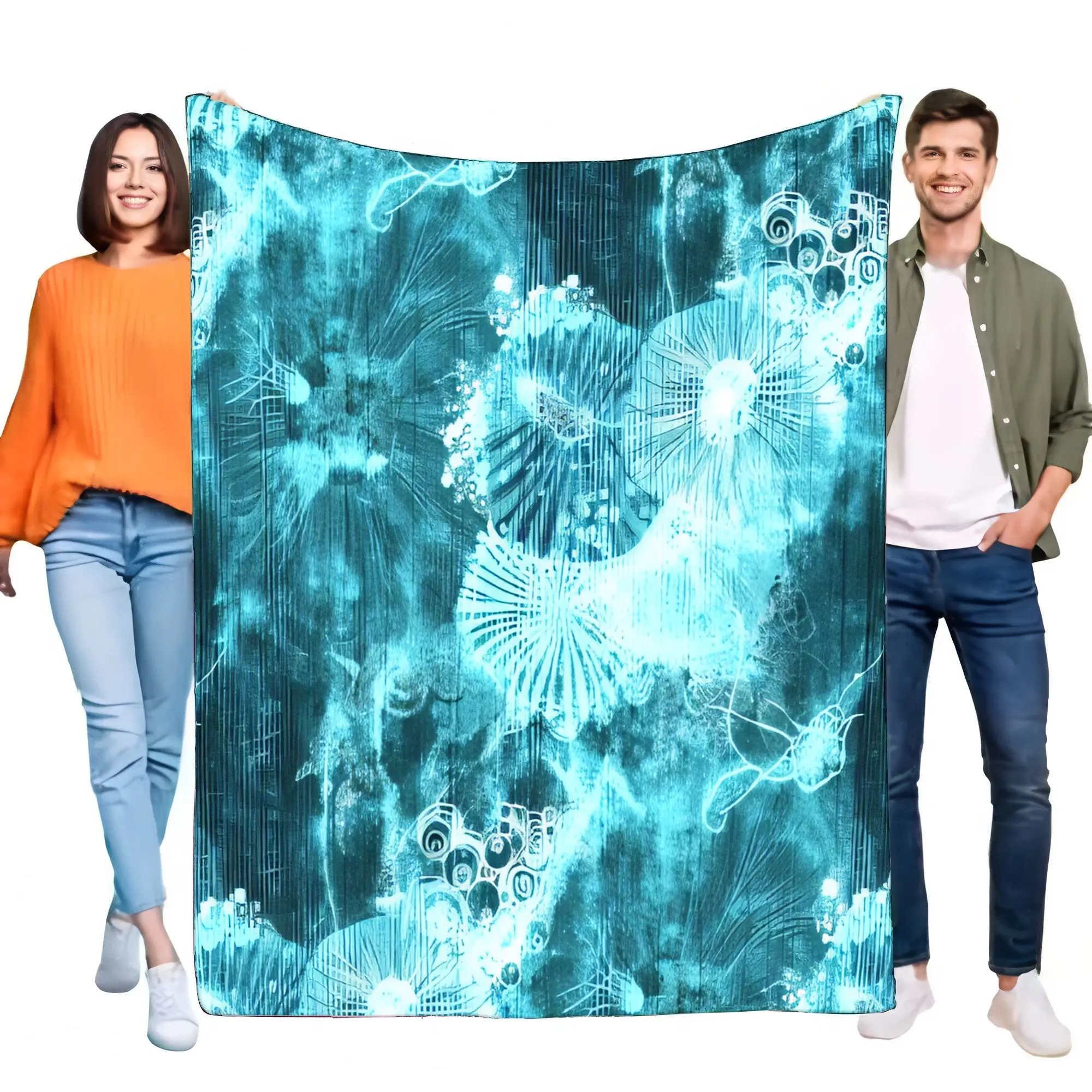 Vibrant Teal Abstract Floral Glowing Blanket Soft Flannel Fleece Throw Cozy Sofa Bed Cover Unique Aesthetic Home Decor Gift