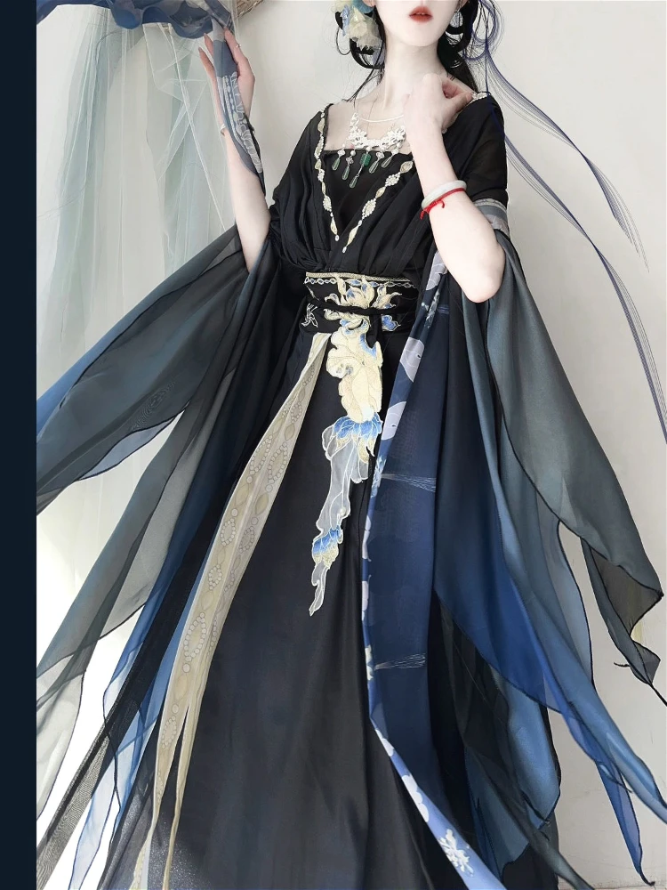 Chin 북부 및 남부 왕조 왕조 자수 Hanfu 드레스 레이디 스타일 세련된 빈티지 무대 의상 댄스 블랙 세트