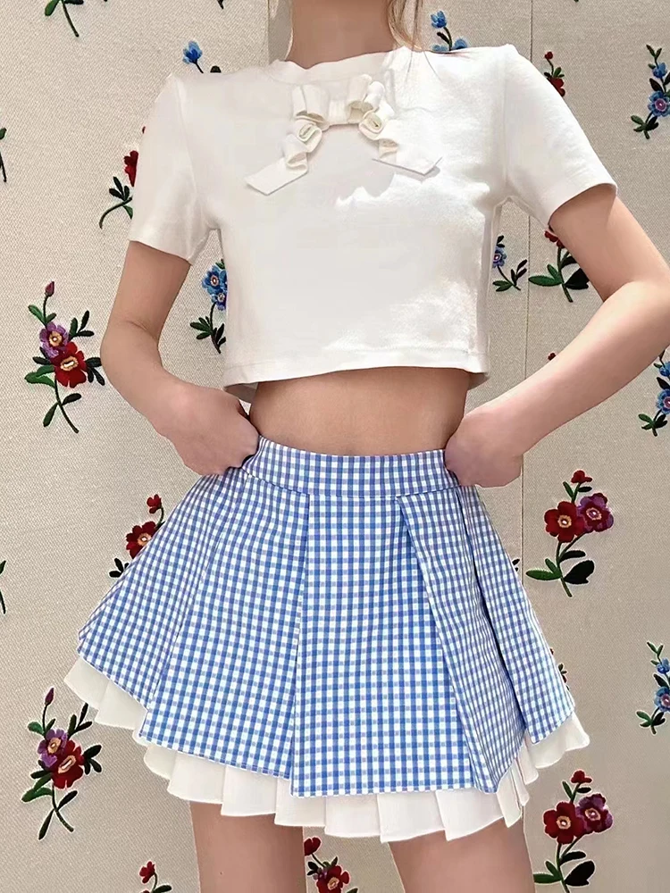 

Blue Plaid Low Waist Half Skirts Elegant Temperament Pleated Layered Style Women's Skirt Double A-line Skirt 2024 Summer New