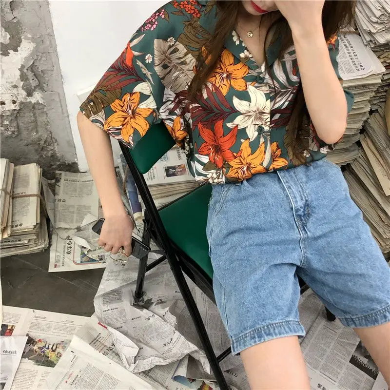 Summer Woman Clothes Ins Chic Chiffon Shirt Loose Thin HongKong Retro Style Floral Preppy Style Top Trend Mori Girl Style Casual