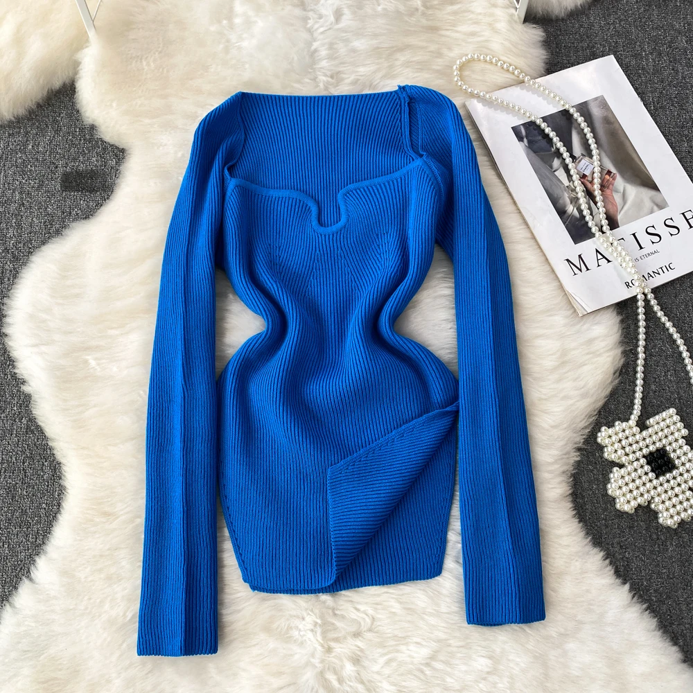 2026 New Autumn Women Fashion Sqaure Collar Long Sleeve Knitted Pullover Solid Color Multi Color Elastic Pullover Tops Sweater