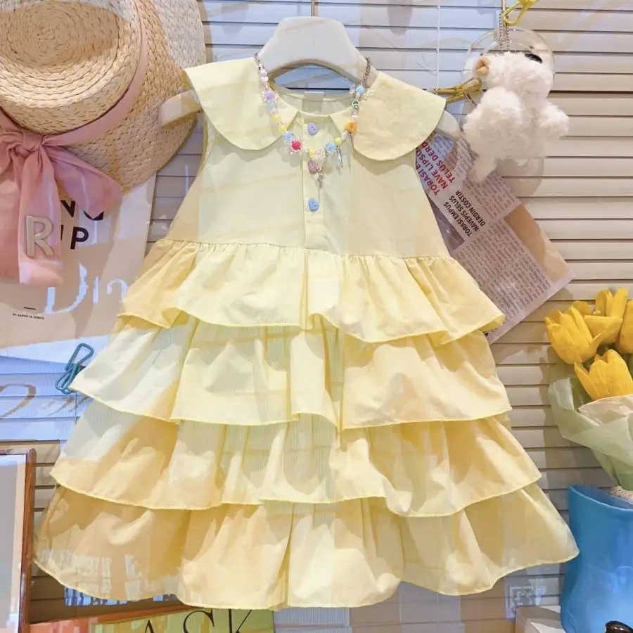 

Girls Dress Spring Summer New Korean Version Doll Neck Sleeveless Cake Dress Fashionable and Casual Style