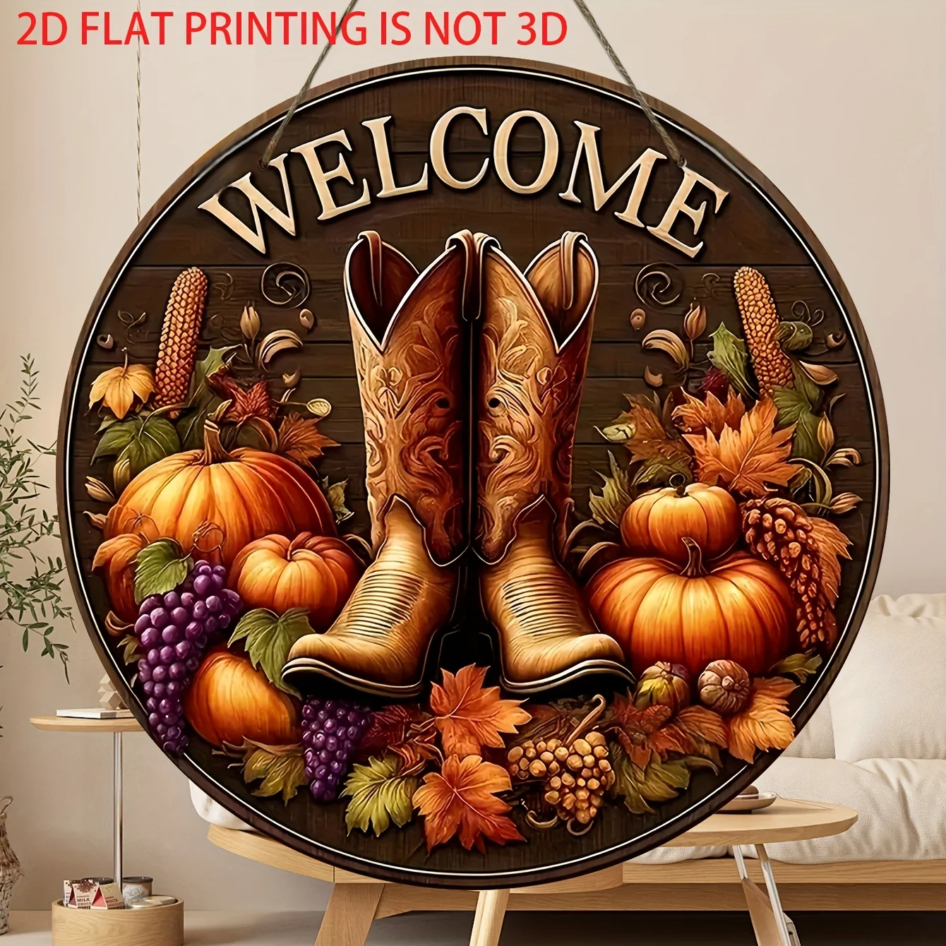 لافتة ترحيب خشبية ريفية مسطحة ثنائية الأبعاد - ديكور جدار حصاد الخريف مع أحذية رعاة البقر وأوراق القرع والخريف، عيد الشكر #1