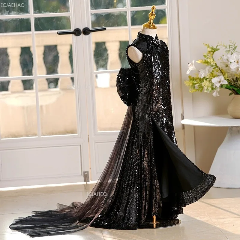 Kids Girls Black Flower Girl Wedding Dress Princess Gown Piano Performance Children Birthday Party Host Evening Formal Clothes