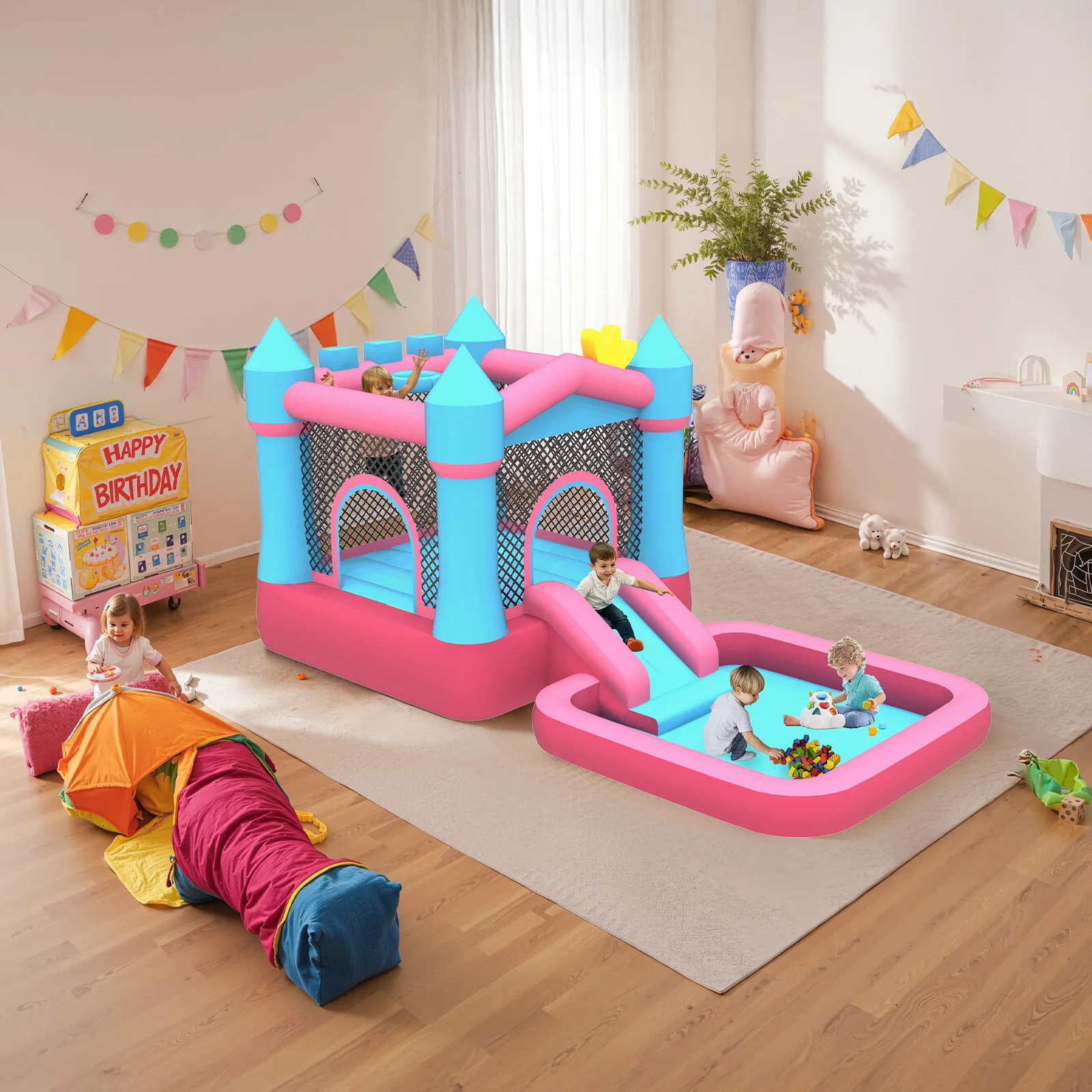 บ้านลมพร้อมสไลเดอร์ สระน้ำ และเครื่องเป่าลม บ้านลมขนาดใหญ่สำหรับเด็กอายุ 3-8 ปี ของขวัญสำหรับงานปาร์ตี้