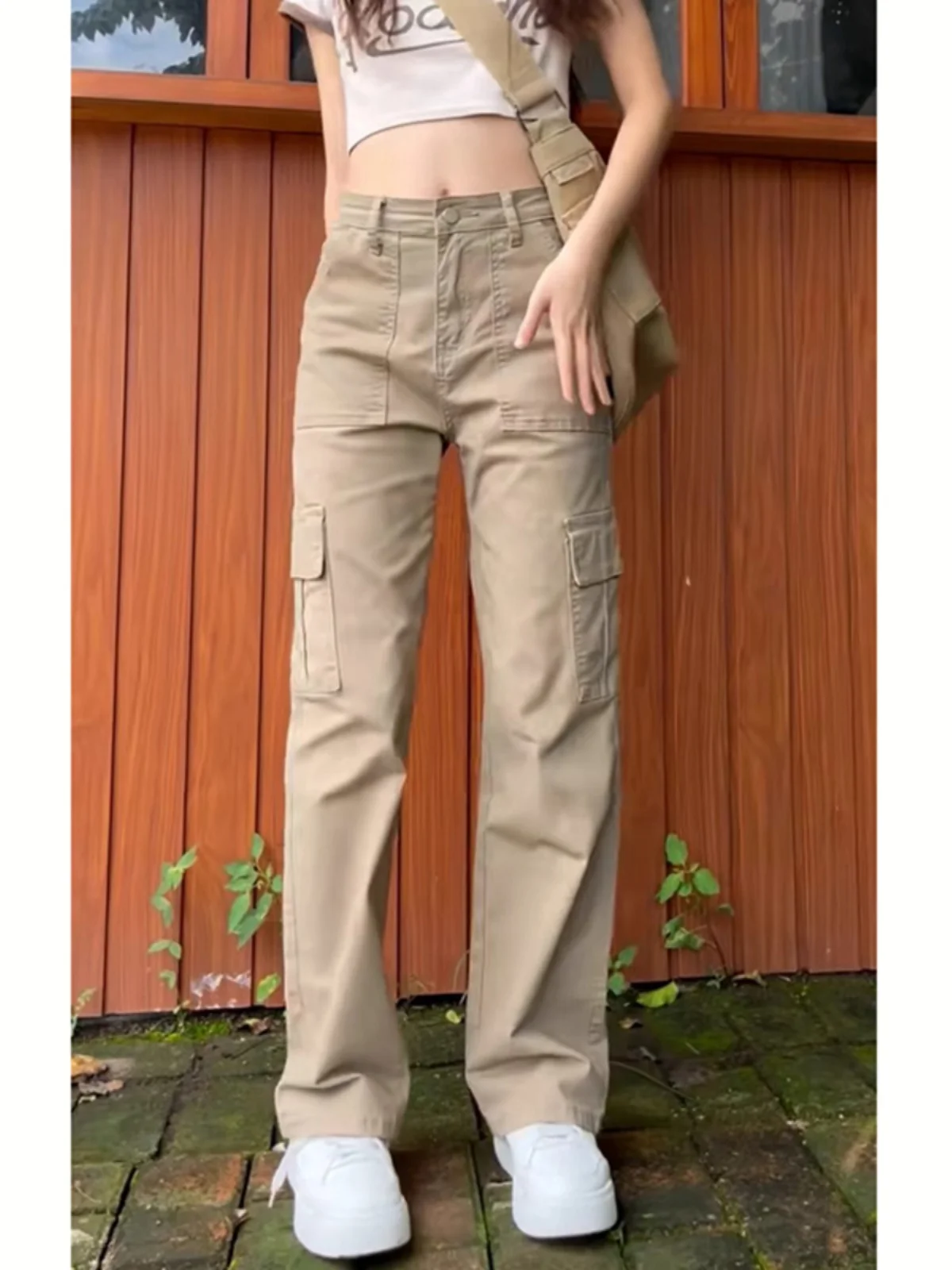 

Облегающие повседневные универсальные джинсовые длинные брюки цвета хаки, однотонные прямые брюки с большими штанинами, рабочая одежда