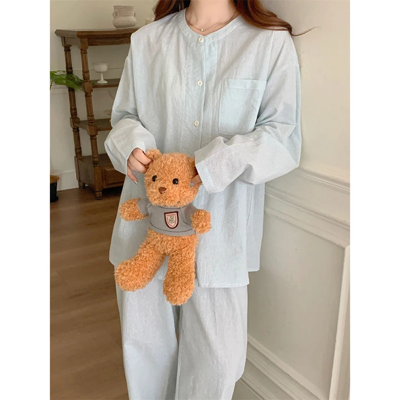 Striped Sleepwear Pocket Women Pajamas Set Autumn Piiama Korean Fashion Long Sleeve Sets 2 Pieces Night Wears Button Home Wear