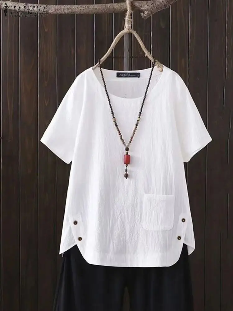 

ZANZEA 2024 Summer Short Sleeve Blouse Women Fashion Solid OL Work Shirt O Neck Elegant Cotton Tops Tunic Casual Holiday Blusas