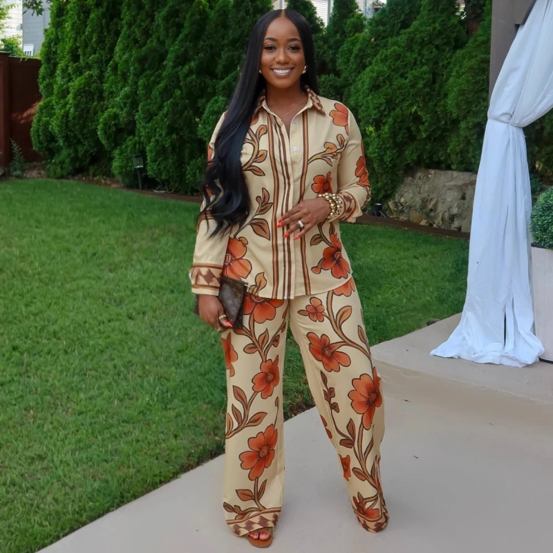 New African Fashion Women Two Piece Shirt Set Flower Printed Loose Shirt And Wide Leg Pants Set Ladies Vintage Casual Outfits