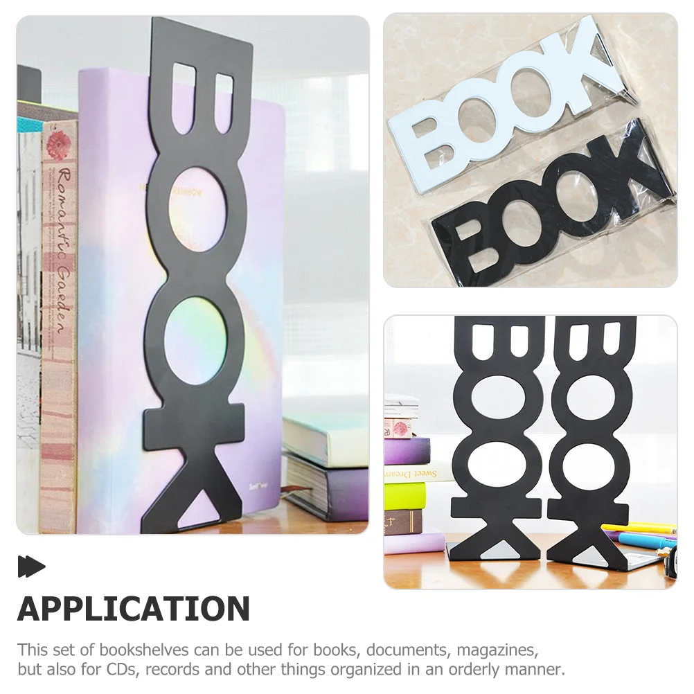 4 Pcs Bookends Set Metal Book Holder Black White Letter File ganizer for Heavy Books Sturdy Study Room Library Shelving