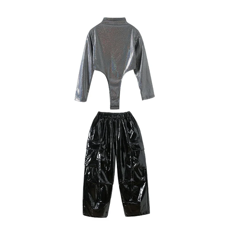 2025 Mädchen Kpop Bühnenoutfits Glänzender Nabel Tops Leder Hip Hop Hosen Jazz Dance Performance Wettbewerb Kleidung Anzug BL17260