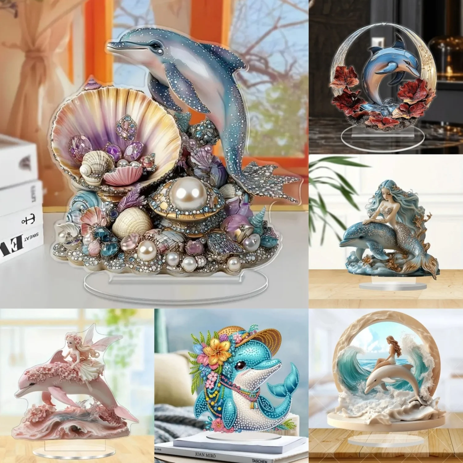 2D Flat Acrylic Dolphins & Pearls Statue,marine Organism Home,Office,Cafe,room,Studio,Table Ornament Desktop Decor Kit