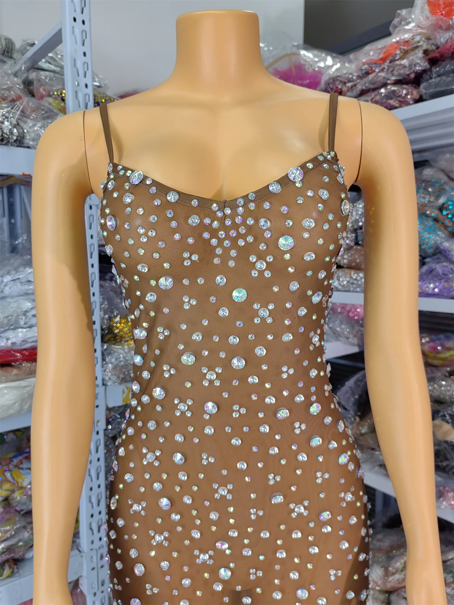 Femmes été luxe strass maille robe marron Spaghetti sangle paillettes occasion spéciale anniversaire soirée Club robes de fête