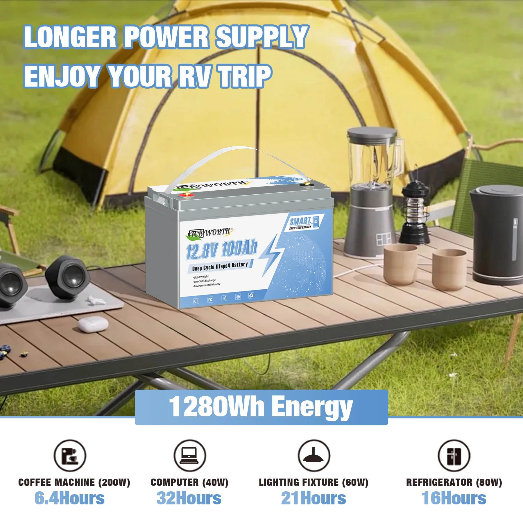 TCBWORTH 12 فولت 100 أمبير بطارية ليثيوم LiFePO4 بلوتوث مع بطارية ذكية BMS قابلة للشحن للنظام الشمسي RV السفر في الهواء الطلق المنزل