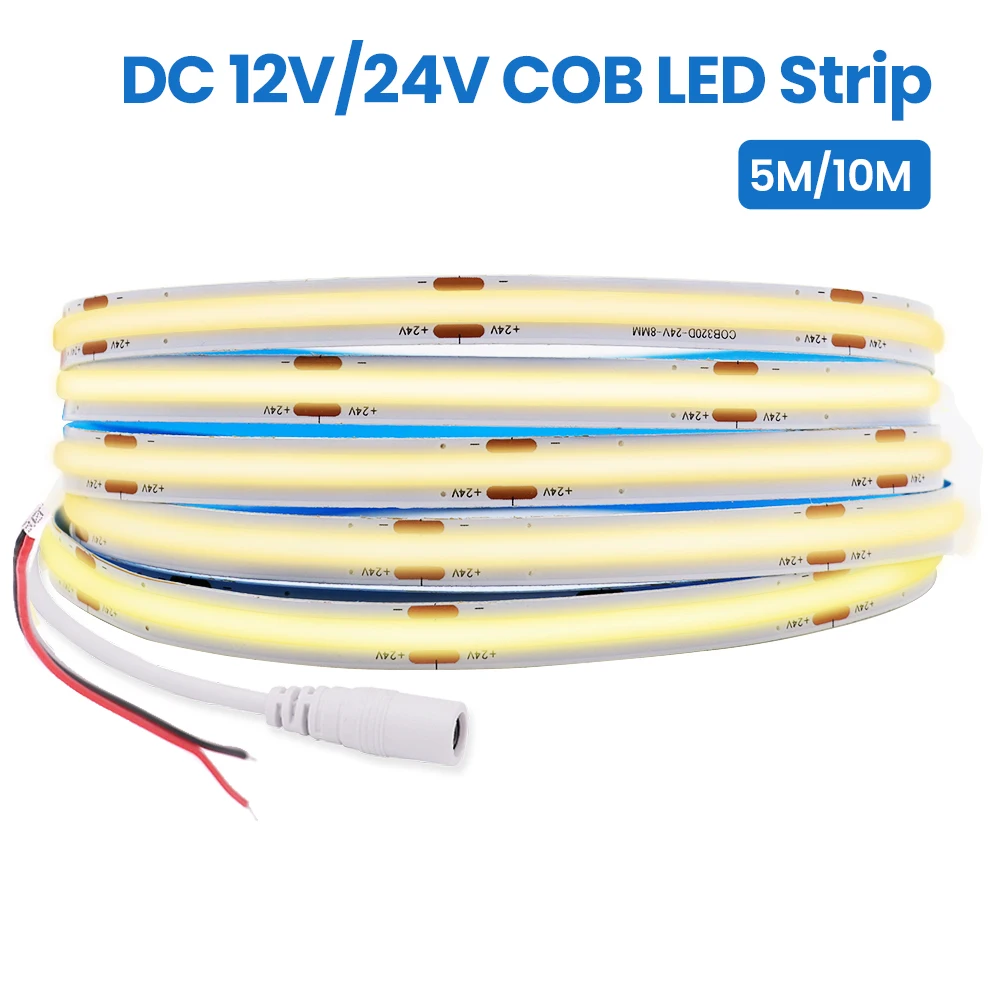 

5M 10M COB LED Strip Light 12V 24V High Density 320LEDs/m Flexible Dimmable LED Tape Ribbon Soft Lamp Bar 3000K 4000K 6000K