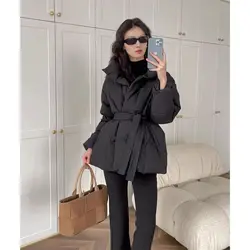 Manteau en Coton Rembourré avec Ceinture pour Femme, Veste Chaude, Parkas Optiques, Coupe-Vent, Design Tendance, Haut de Gamme, Noir, Hiver, Y-Women