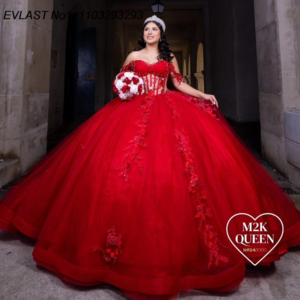 

EVLAST Customized Glitter Red Quinceanera Dress Ball Gown 3D Floral Applique Beading Mexican Sweet 16 Vestido De 15 Anos E1Q116