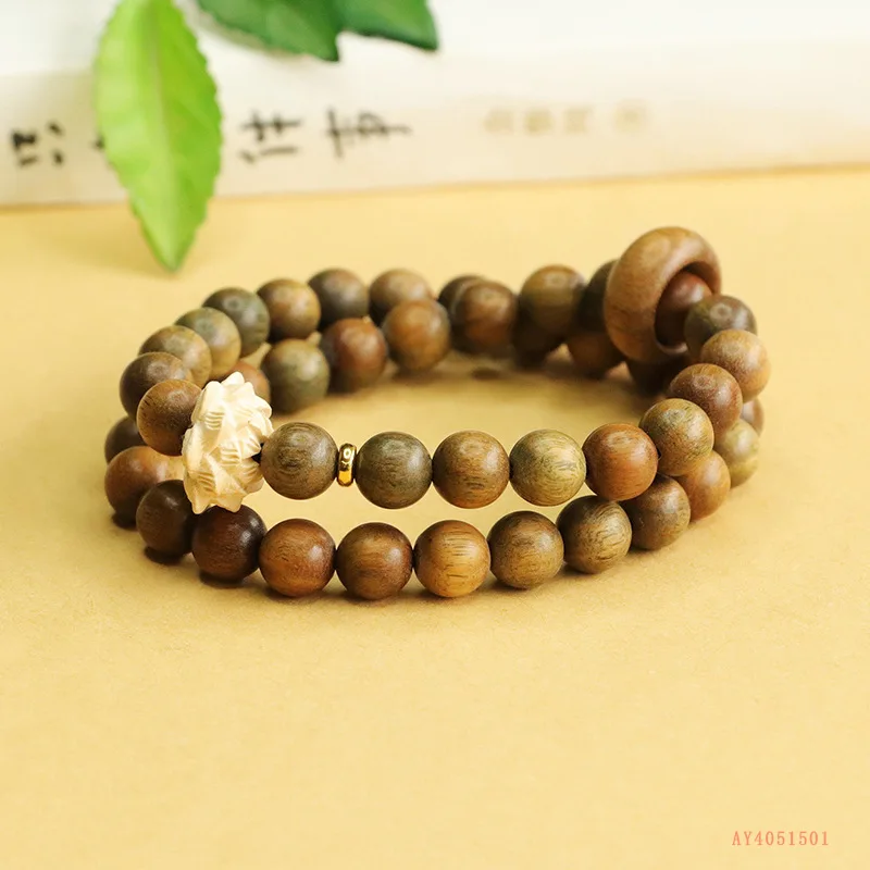 Green sandalwood bracelet lotus running ring double circle wooden bracelet handheld Wenwan