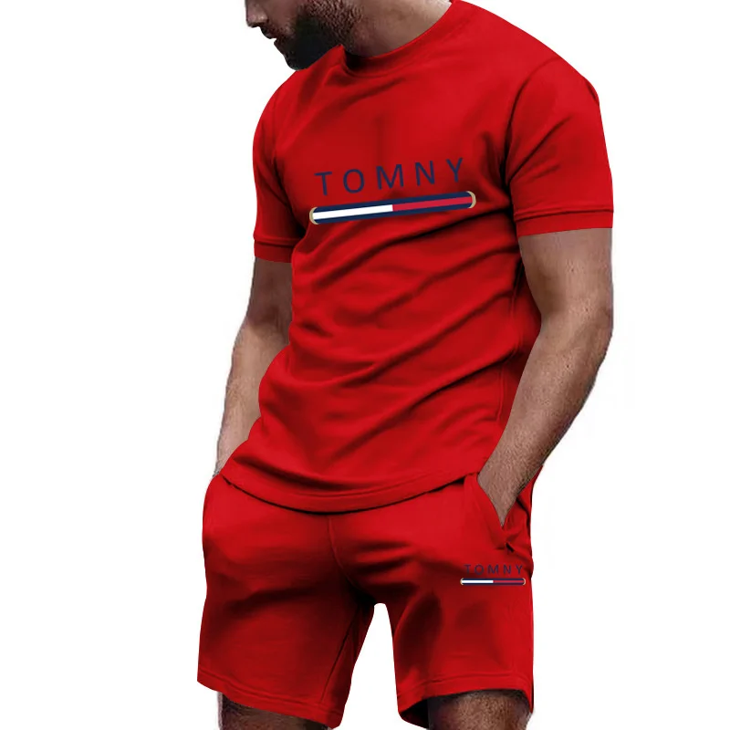 Outdoor Trendy Men's Suit Simple Letter Rose Patchwork Color Round Neck Short Sleeve Shorts Comfortable and breathable material image 2
