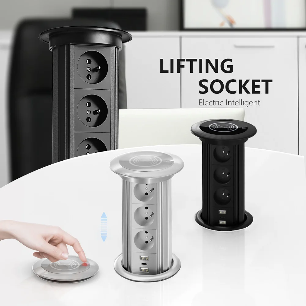EU Pop Up Desktop Socket, 15A 250V French Plug Wireless Charger, USB A+C Fast Charge, Built-in Bluetooth Speaker for Office Desk