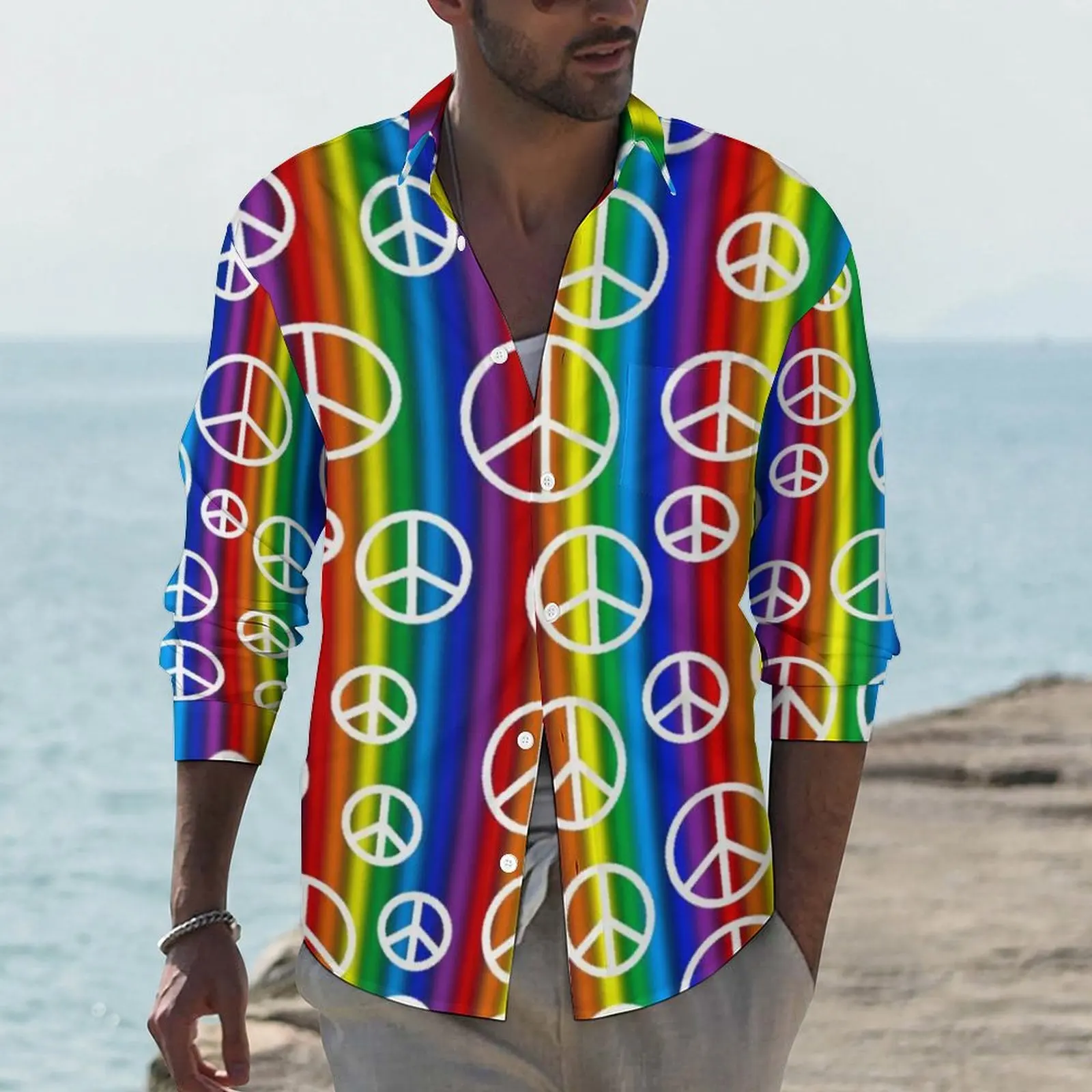 

Peace Signs Shirt Men Rainbow Stripe Print Casual Shirts Spring Y2K Custom Blouses Long Sleeve Novelty Oversized Tops Gift Idea