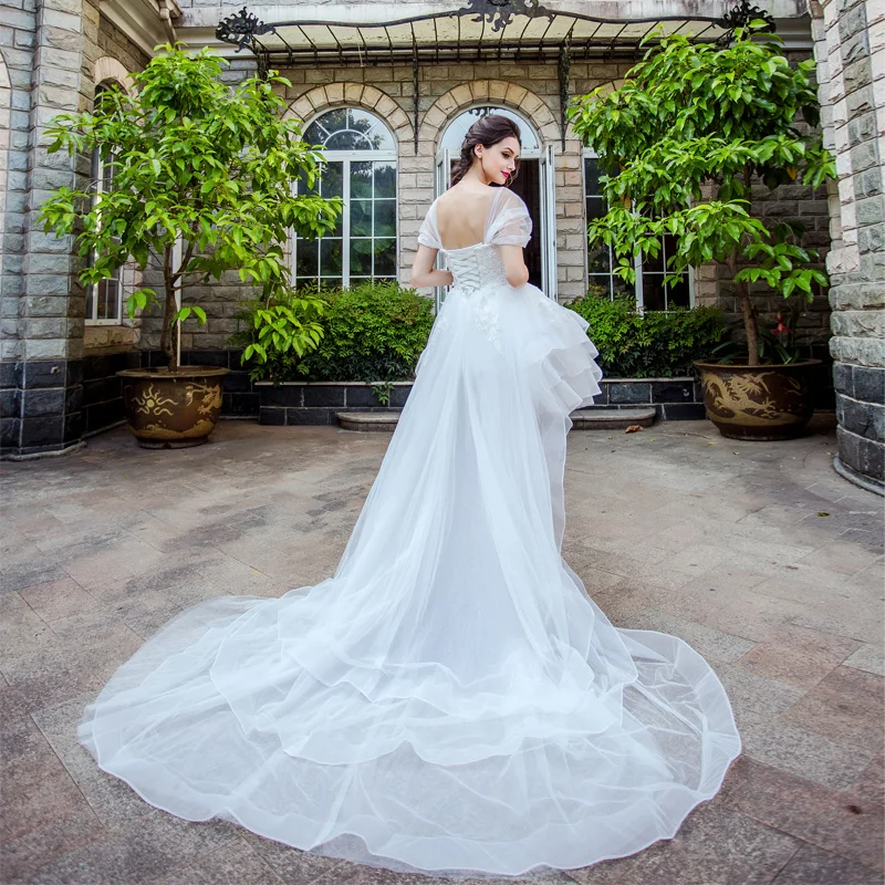 custom 18094#Elegant White Irregular Lace Tulle Wedding Dress Square Neck Bubble Sleeve Long Bride Gown for Women Photoshoot