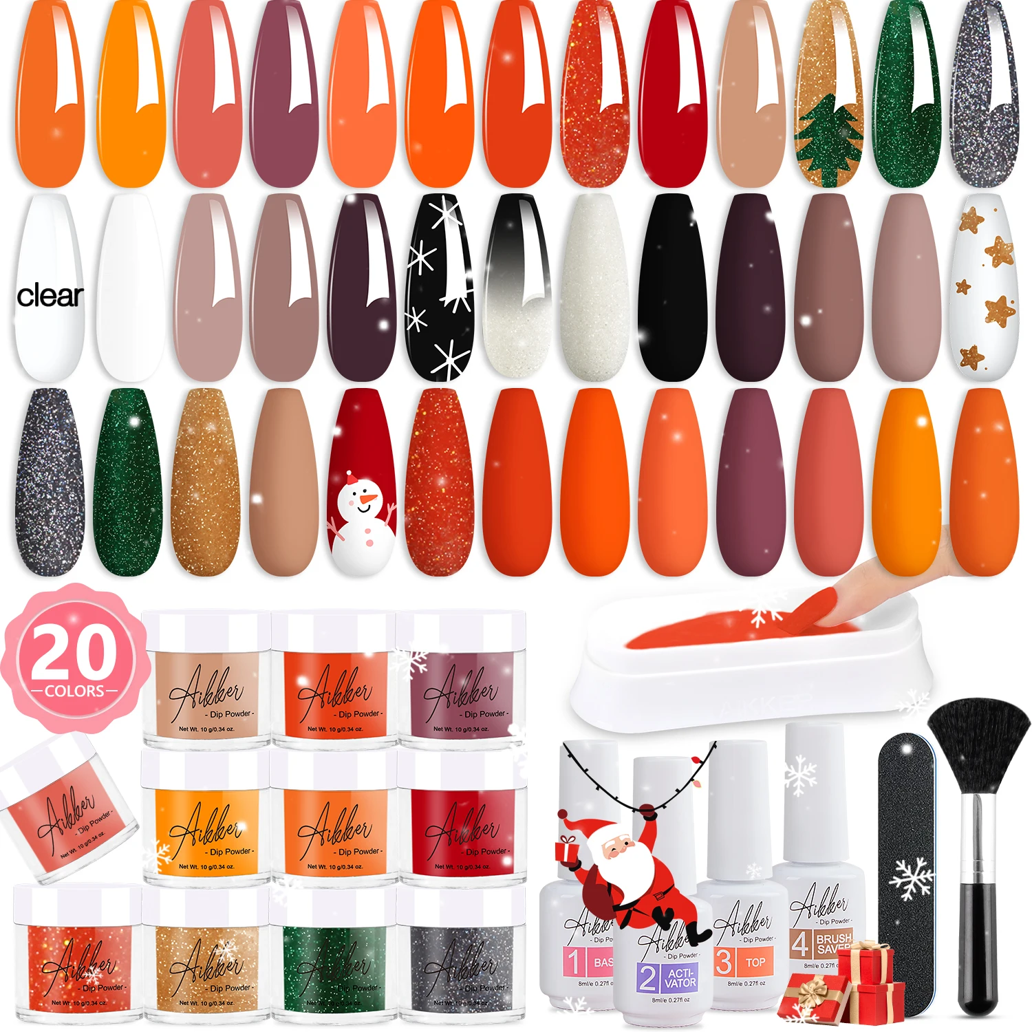 27点入りディップパウダーネイルキット、20種類のクリスマスカラー、ベースコート、トップコート、アクティベーター、マニキュアツール付きネイルアートサロン女性用ギフトセット