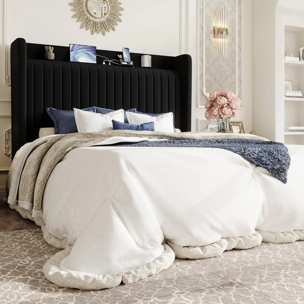 Queen Size Velvet Bed Frame with Shelf, Charging Station, Black | Wingback Storage Headboard, Upholstered Platform Bed,