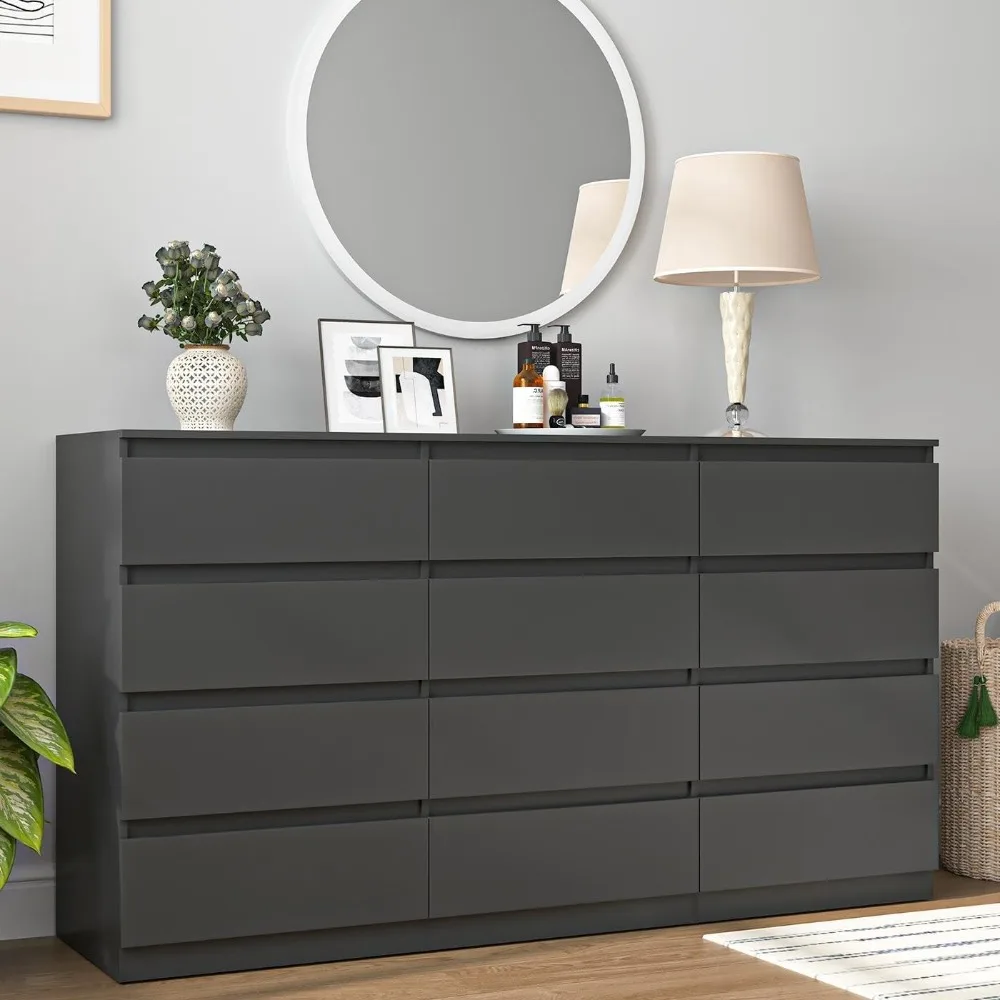 Black Dresser for Bedroom,Modern Long 12 Drawer Dresser with Deep Drawer,Wood Storage Chest of Drawer, Bedroom Storage Organizer