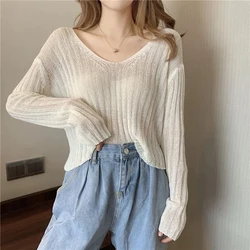 Zoki Loose Cropped Knitted Pullovers Women Sexy Hollow Out Long Sleeve Tops Korean Fall Fashion Long Sleeve Simple White Jumper