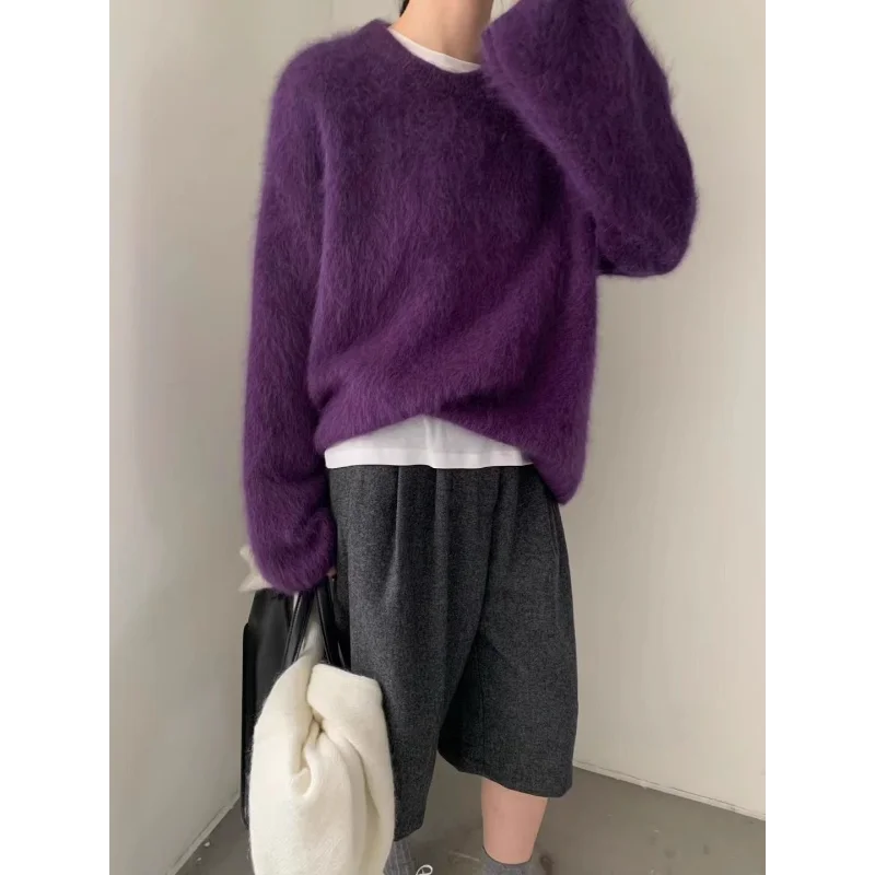 

Soft and Waxy Long Hair Rabbit Velvet Korean New Winter Round Neck Loose Solid Color Sweater for Women