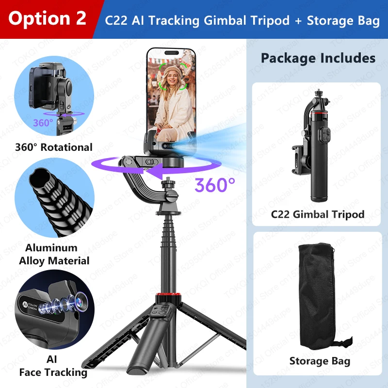 C22 AI Face Tracking Handheld Gimbal-stabilisator 360 °   Rotation Shoot Selfie Stick-statief voor mobiele telefoon, 1/4 '' schroef voor camera