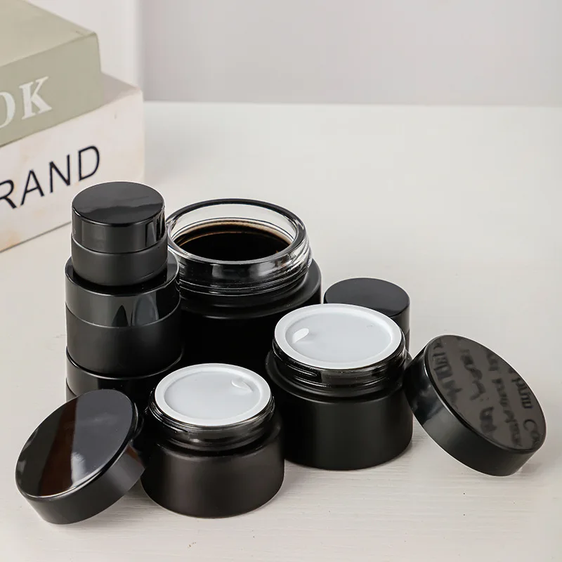 100pcs 5/10/15/20/30/50g Matte Black Makeup Containers Shiny Black Lid Empty Wide Mouth Bottle Glass Cosmetic Pot Cream Jars