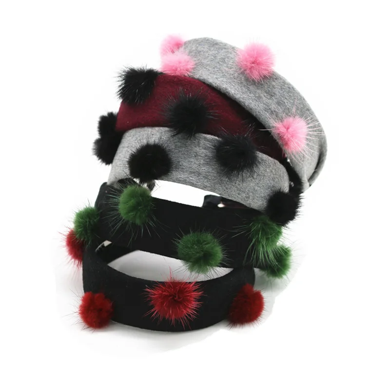 

A3 NEW WINTER STYLE wool fabric flat design with fur pompom fashion girls headbands hair accessories