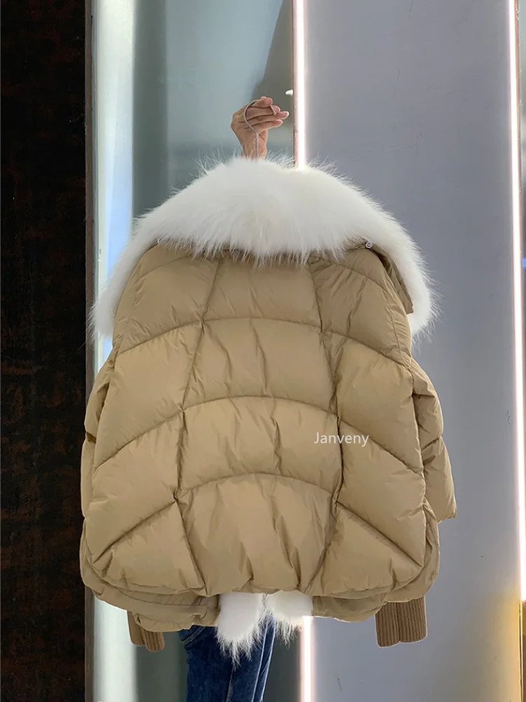 Janveny Large Real Silver Fox Fur Collar 2026 White Duck Down Jacket Women Winter Luxury Puffer Coat Oversize Feather Outwear