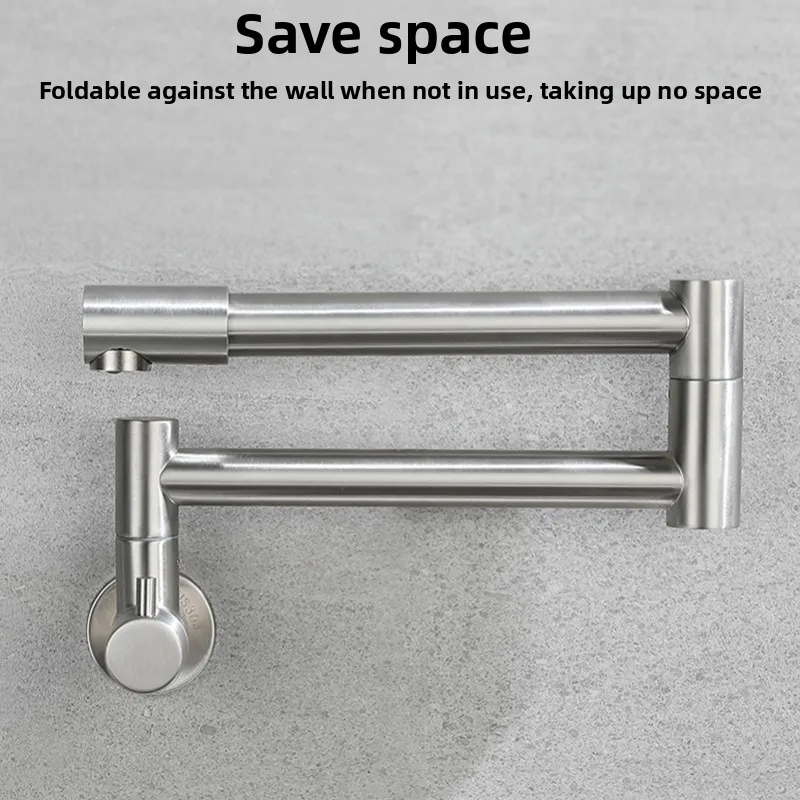 304 Stainless Steel Wall‑in Kitchen Tap Single Cold Fold Long Swing Spout 360° Rotation Wall Mount Faucet for Sink Basin
