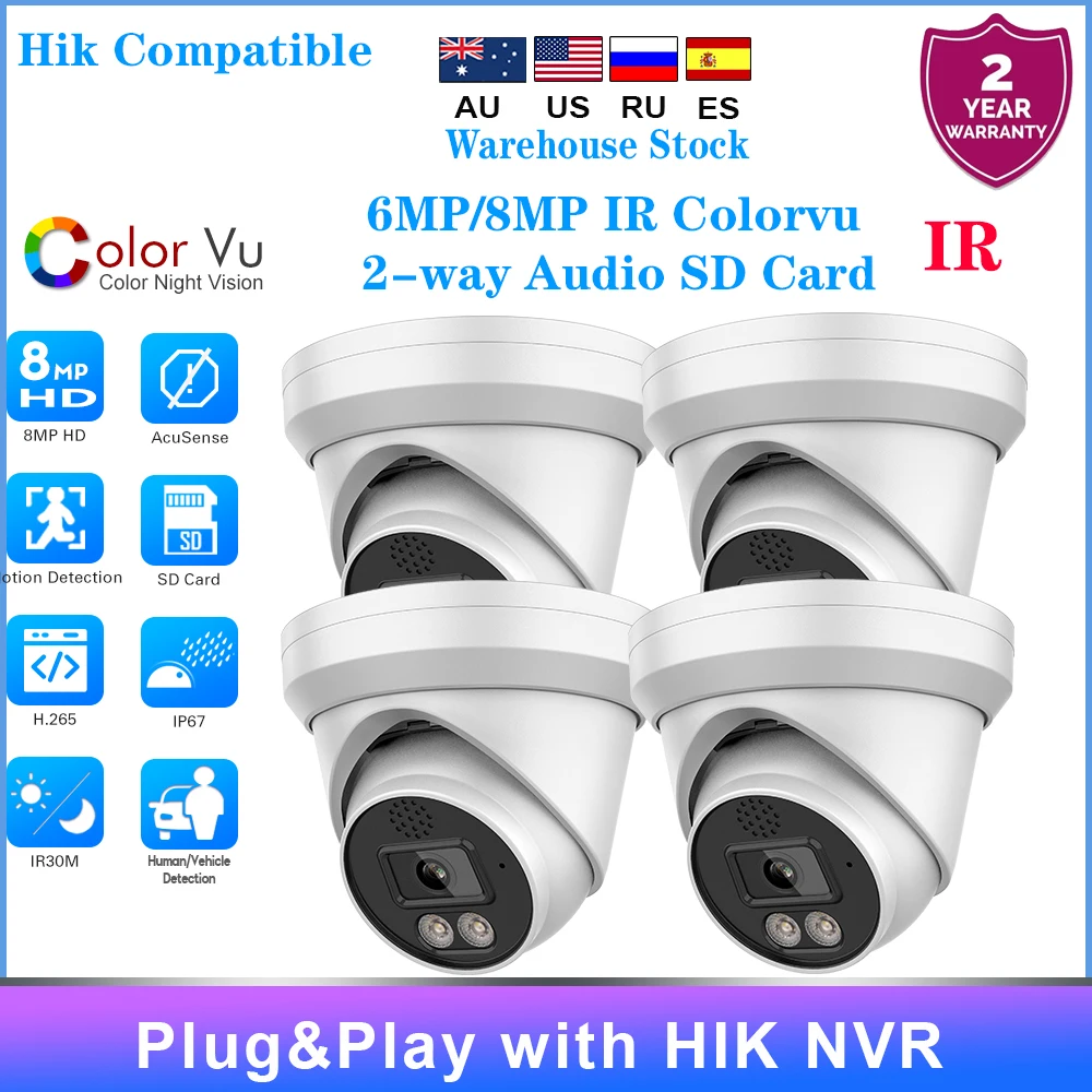 4PCS Hikvision Compatible Smart Home Security Camera 8MP PoE ColorVu Night Vision 6MP IR Dome Two-way Audio CCTV Surveillance