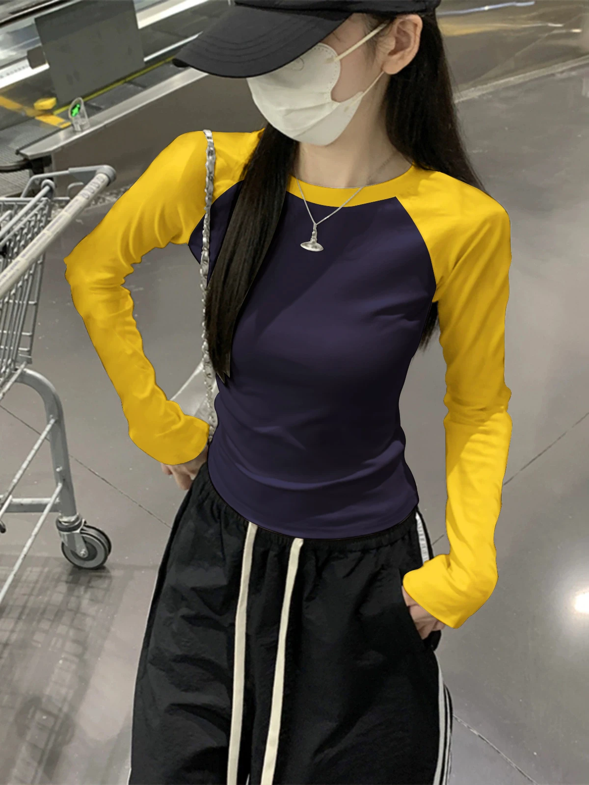 American Style Hot Girl Shoulder Length Sleeve T-Shirt Women's Spring Autumn Inner Wear Base Shirt Correct Shoulder Slim Fit ...