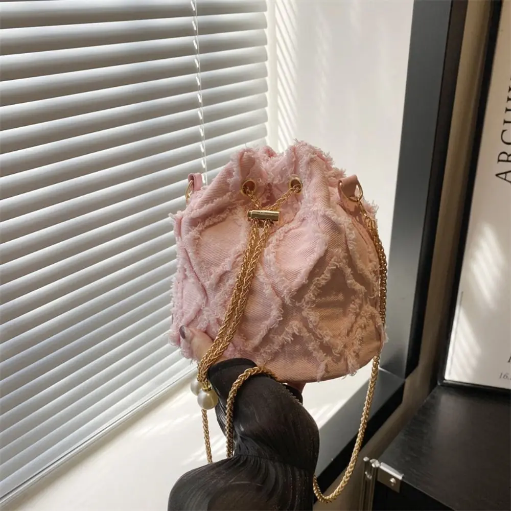 

Elegant Pearl Denim Bucket Bag Chain Handbag Tassel Denim Crossbody Bag Korean Style Small Purse Cloth Shoulder Bag Party
