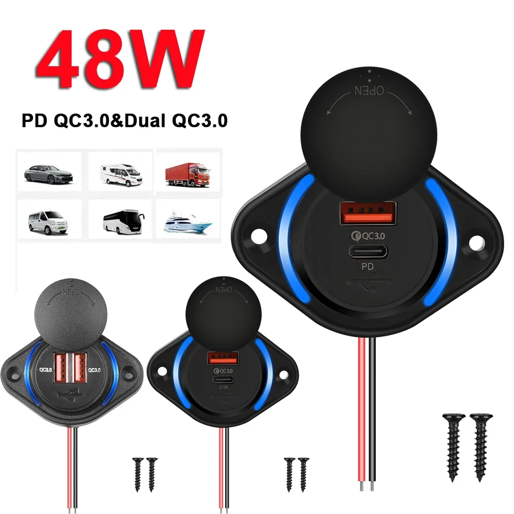48W PD QC 3.0 Car Charger Socket Quick Charge with Sliding Cap USB Type-C Fast Charger Power Outlet for Car Bus, RV