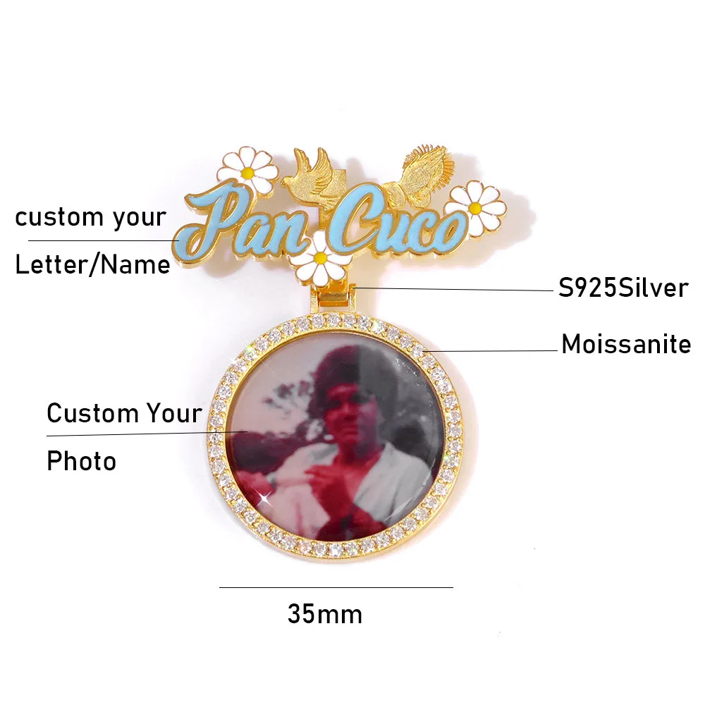 925 VVS 35 مللي متر الرجال النساء الذاكرة مويسانيتي صور قلادة الهيب هوب مجوهرات فضة VVS تخصيص اسم هوك وصورة #5