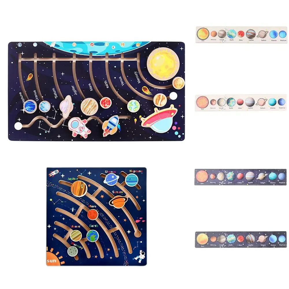 Cartone animato in legno Sistema solare Puzzle Universo Astronomia Pianeti Scheda corrispondente Montessori Giocattolo in legno Sussidi didattici